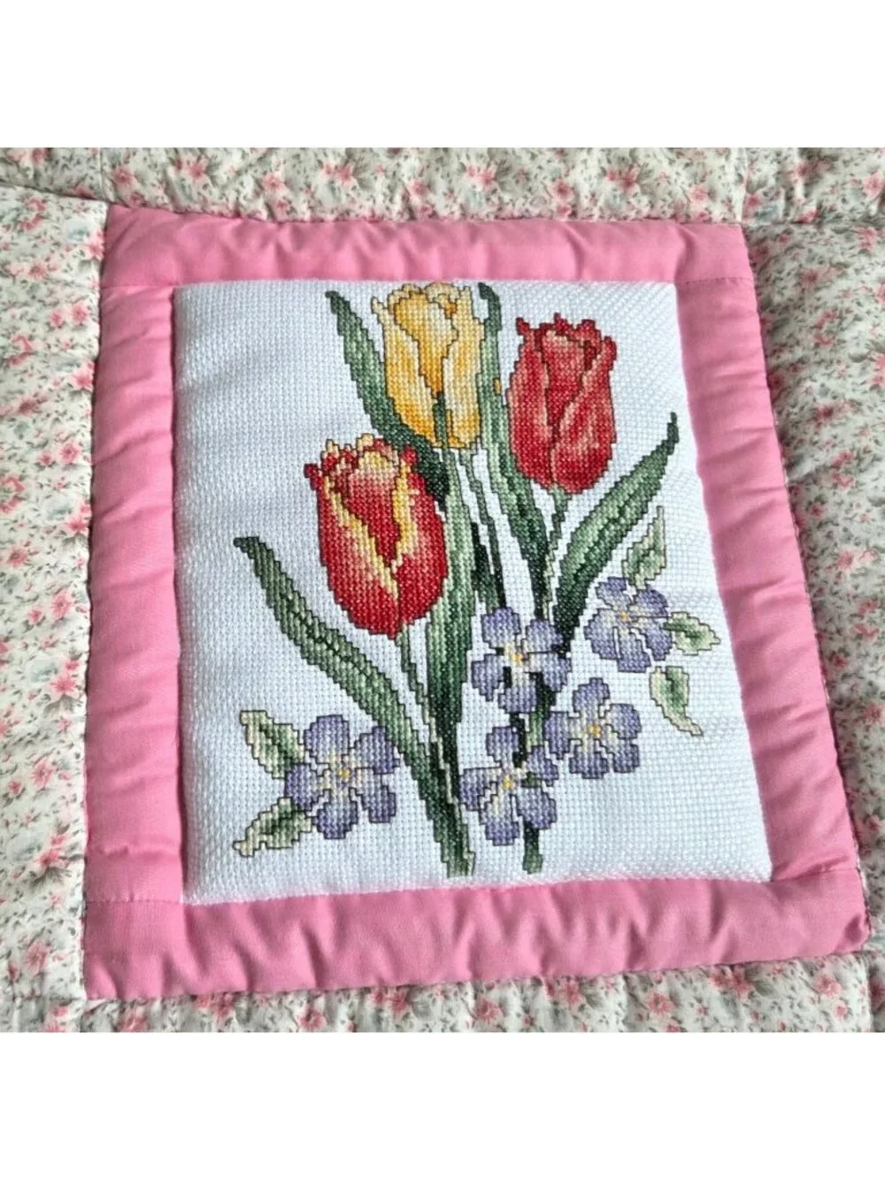 Handmade Hand Cross Stitched Embroidered Pink Floral Quilted Wall Hanging READ